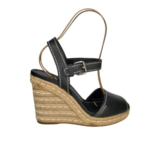 Prada Leather Peep Toe Espadrille Wedge Sandals - Picture 1 of 10